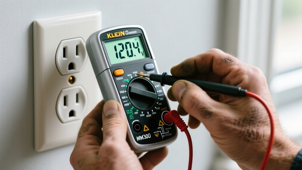 Close-up of hands using a Klein Tools MM300 digital multimeter to test voltage on a standard 120V North American duplex wall outlet