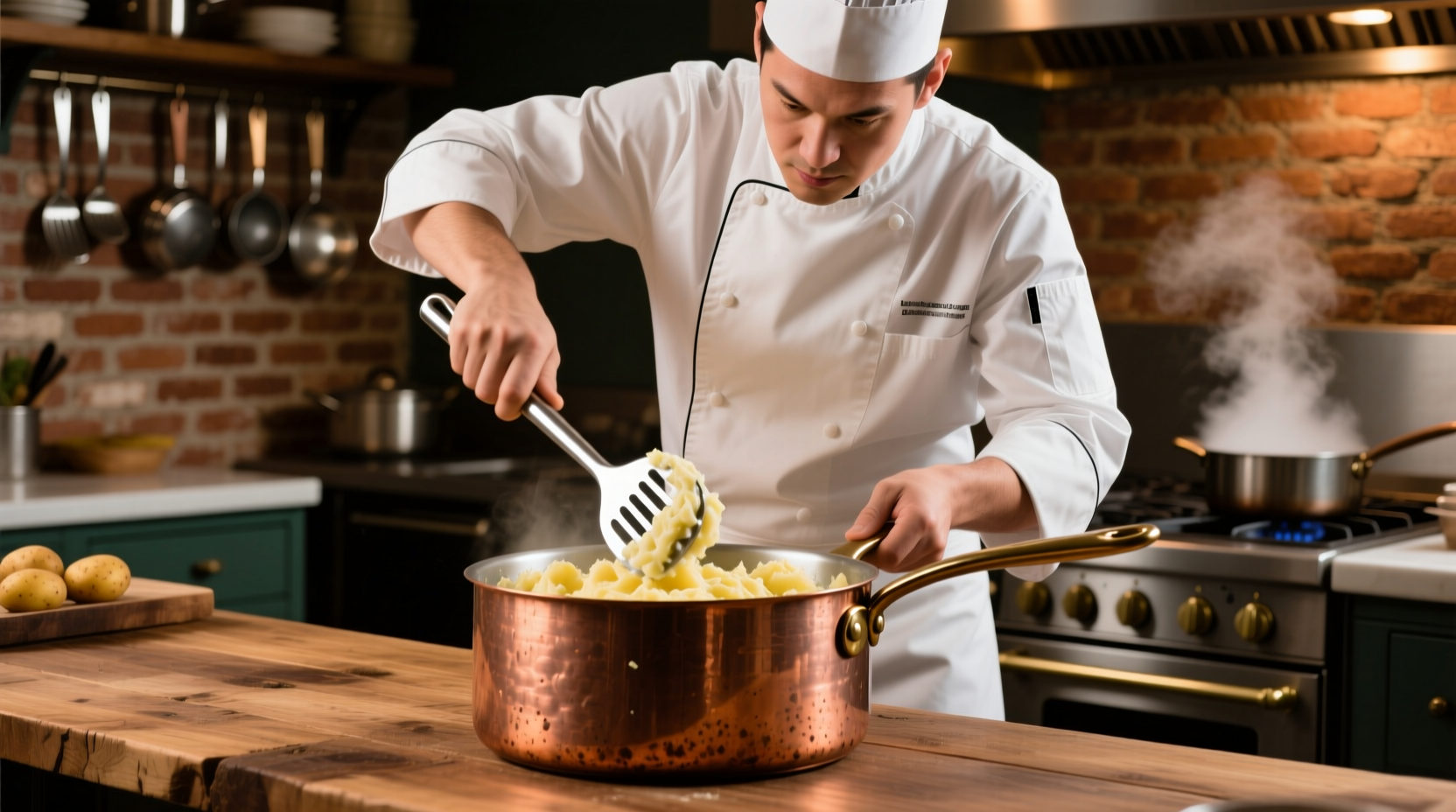 Professional chef using stainless steel potato masher in copper pot