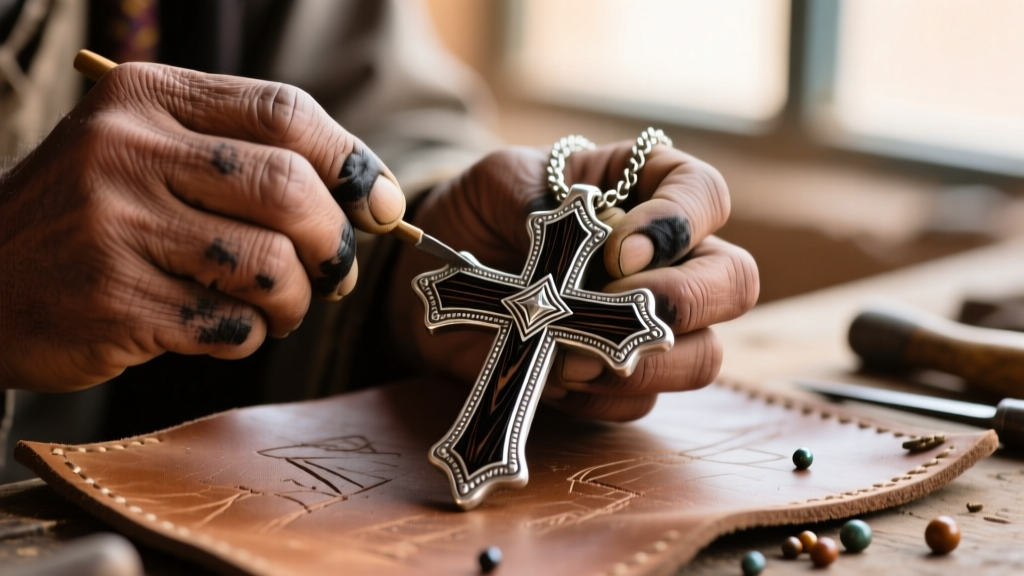Weathered Tuareg artisan hands polishing an oxidized silver Agadez cross necklace with ebony wood inlay on a leather workbench