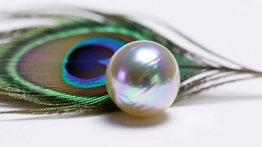 Macro shot of a peacock Tahitian pearl showing mirror-like luster and green-purple overtones against a clean white background