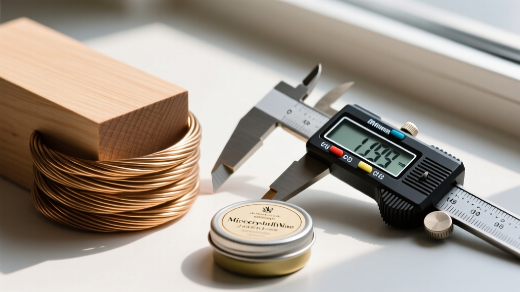 Macro shot of 14-gauge raw brass wire beside a sanded maple block, a digital caliper, and a tin of microcrystalline jewelry wax.