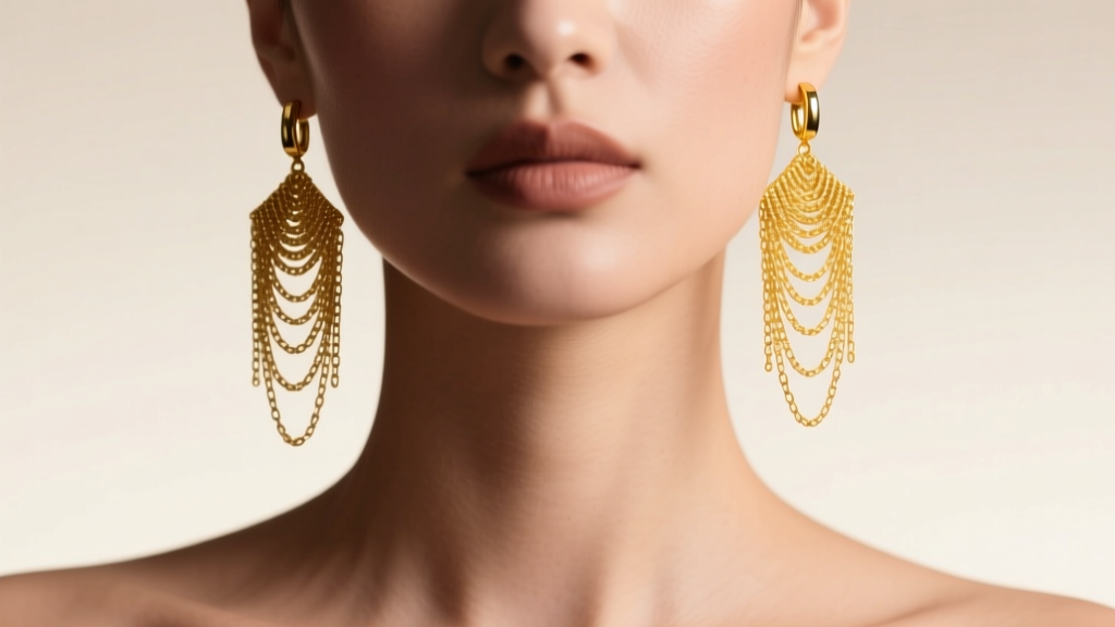 Close-up of a model wearing 14k yellow gold fringe drop earrings, studio lighting highlighting the delicate layered chain texture.