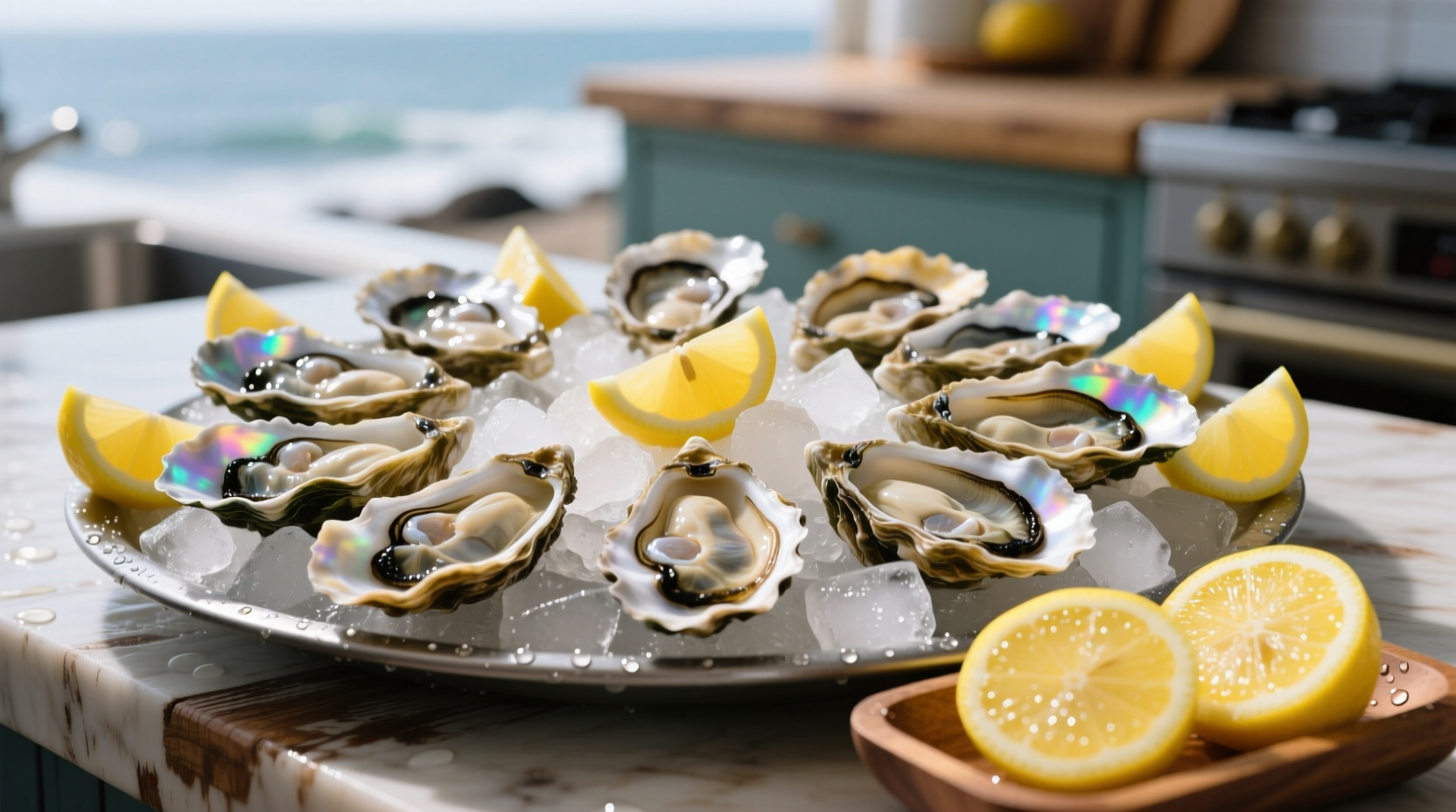 Fresh oysters on ice with lemon wedges
