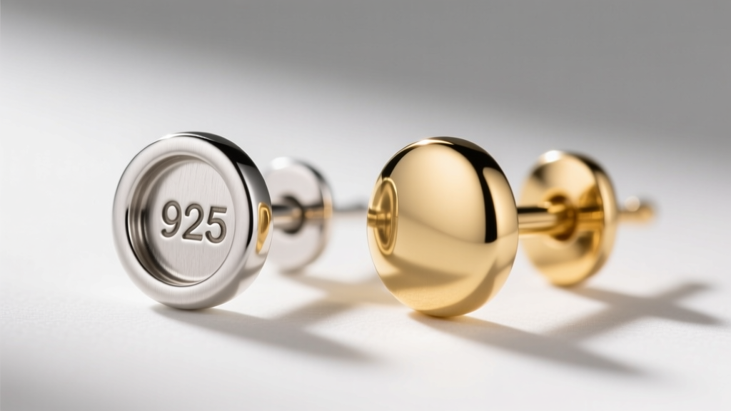 Close-up of a 20-gauge sterling silver stud earring post showing the 925 hallmark stamp next to a gold-plated brass alternative.