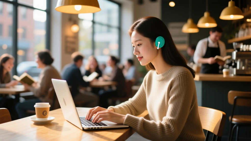 Person wearing teal acoustic earplugs while typing on a laptop in a busy coffee shop with blurred background patrons and warm lights.
