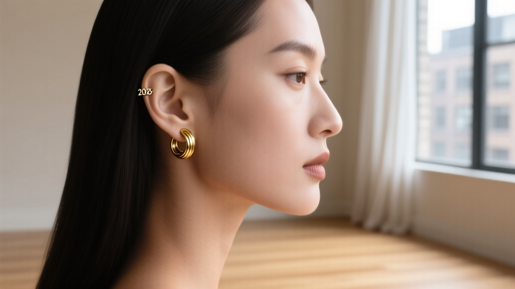 Side profile of a model wearing an 18-gauge gold-filled helix cuff and 20-gauge lobe stud, showing a 2026 quiet luxury ear stack.