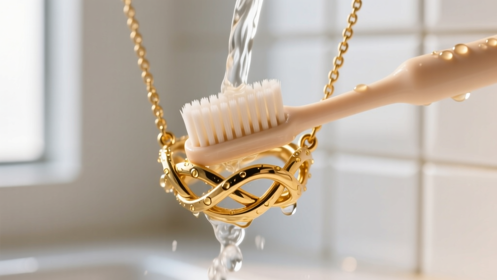 Close-up of a soft baby toothbrush gently scrubbing the deep crevices of a gold vermeil interlocking ring necklace under warm running water.
