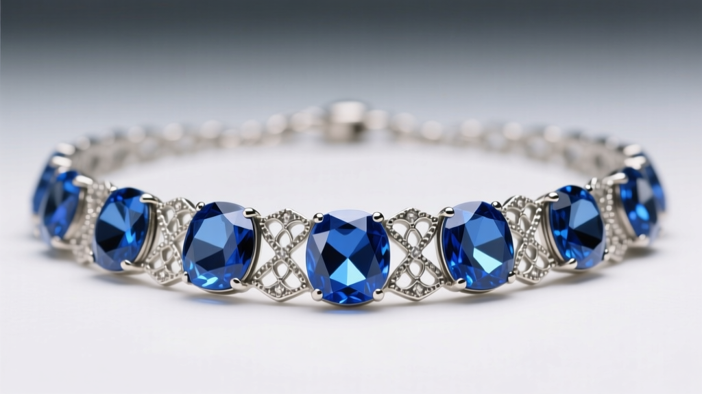 Macro shot of 1950s vintage blue rhinestone necklace with faceted sapphire glass stones set in silver-tone metal and fine filigree.