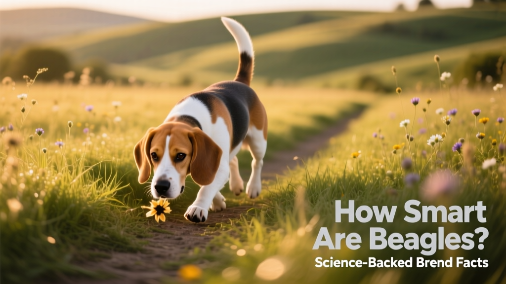 A Beagle confidently tracking a scent trail across a grassy field, head low and tail up