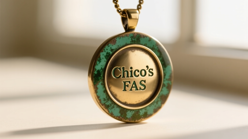 Close-up of a vintage Chico's brass pendant back showing the stamped Chico's FAS hallmark and a natural green patina on the rim