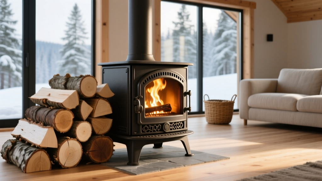 Cast iron catalytic wood stove radiating heat in a modern cabin, with a neatly stacked cord of split white oak and hickory firewood beside it.
