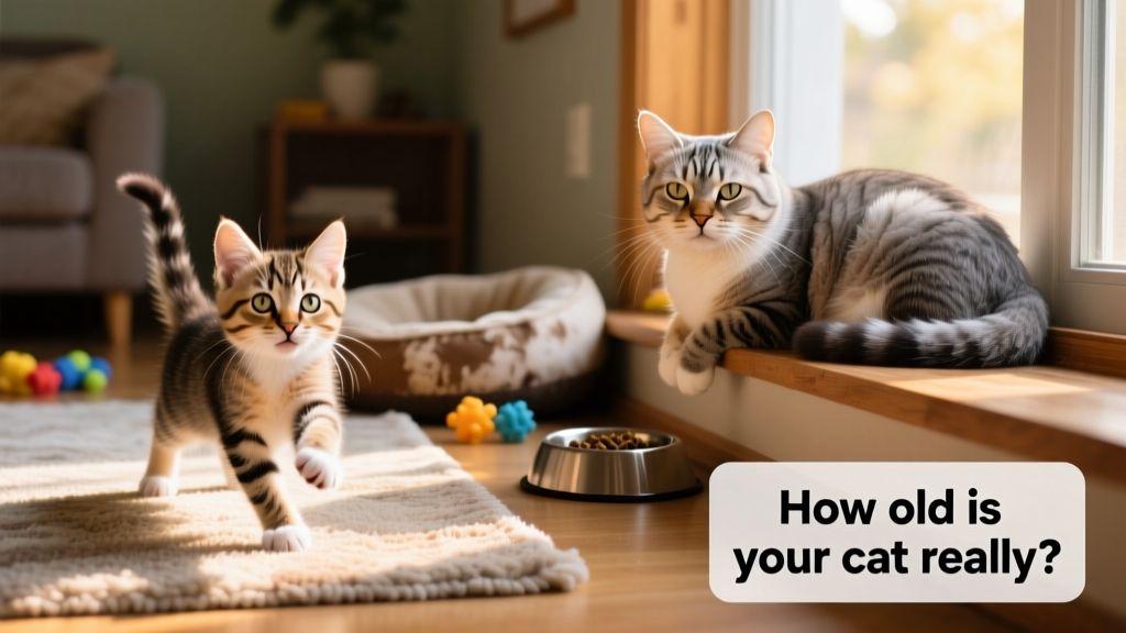 Side-by-side comparison showing a playful kitten and a serene senior cat, illustrating different life stages