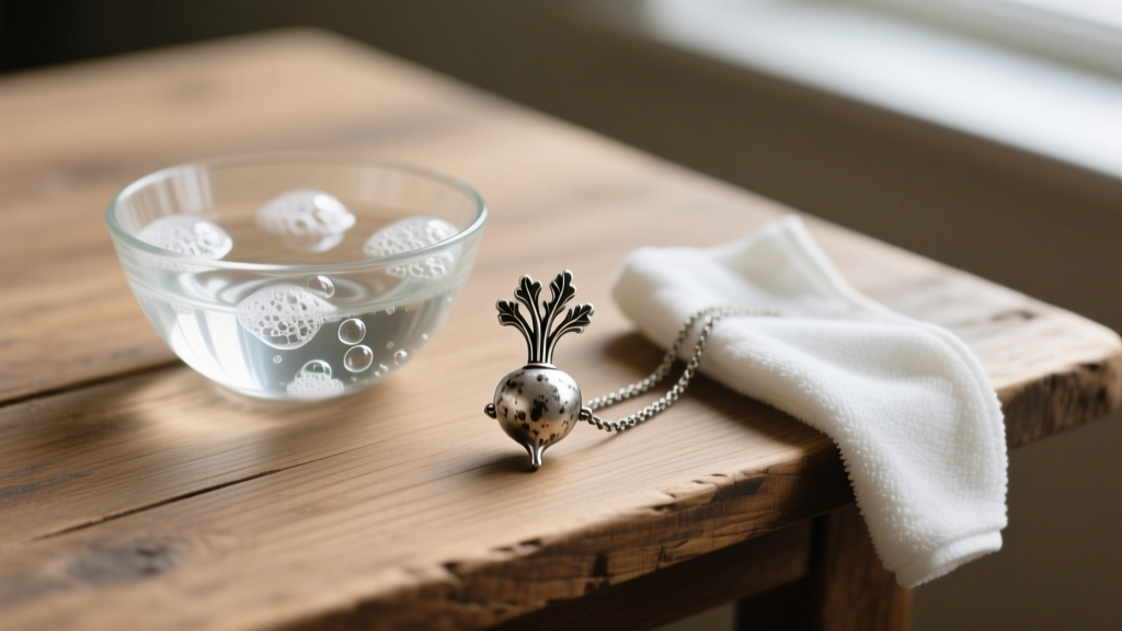 Glass bowl of soapy water beside a microfiber cloth and a tarnished silver Turnip Head necklace charm resting on a wooden table