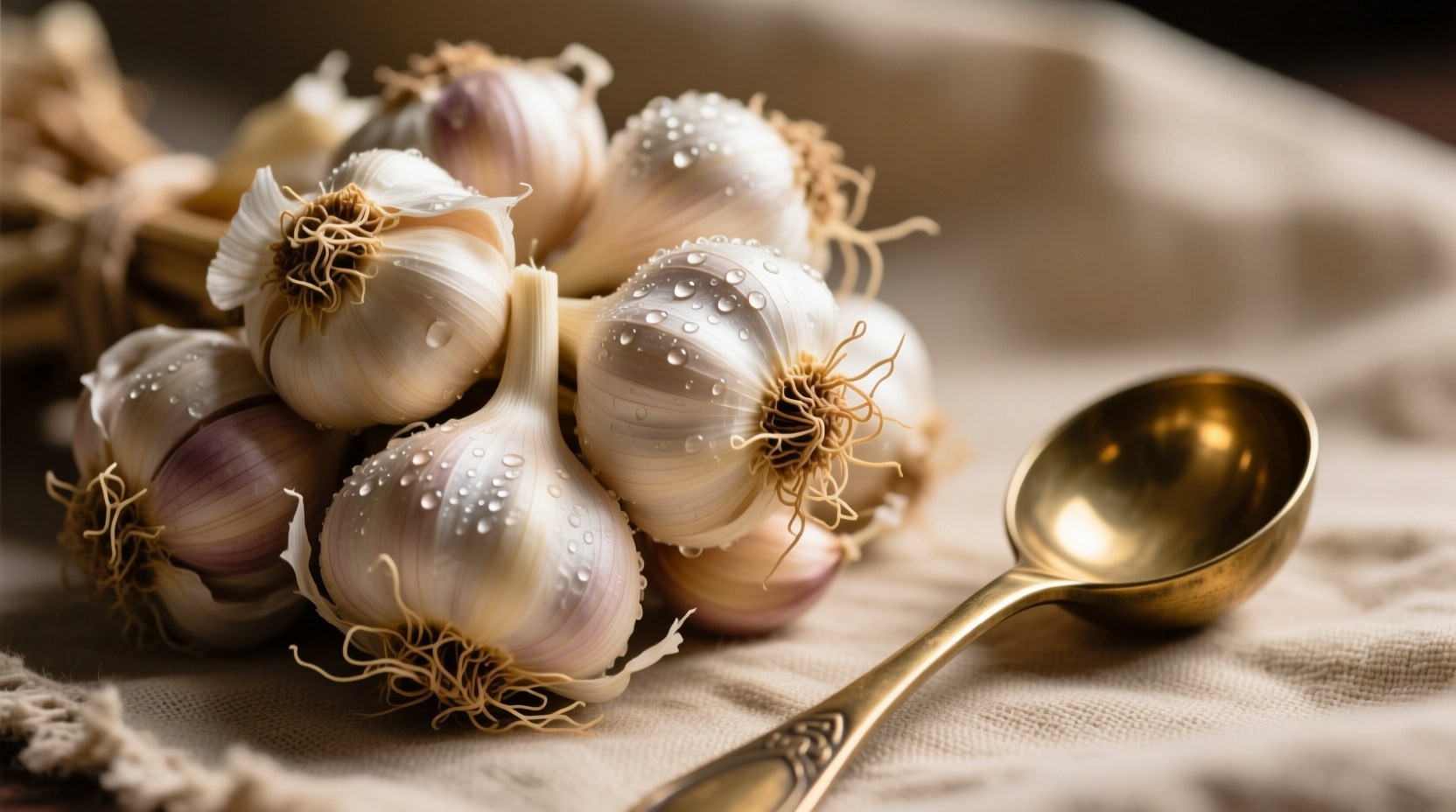 Fresh garlic cloves next to measuring teaspoon