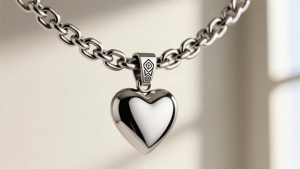 Heavy-duty 5mm stainless steel figaro chain with custom box clasp holding a large silver heart pendant, neutral background macro