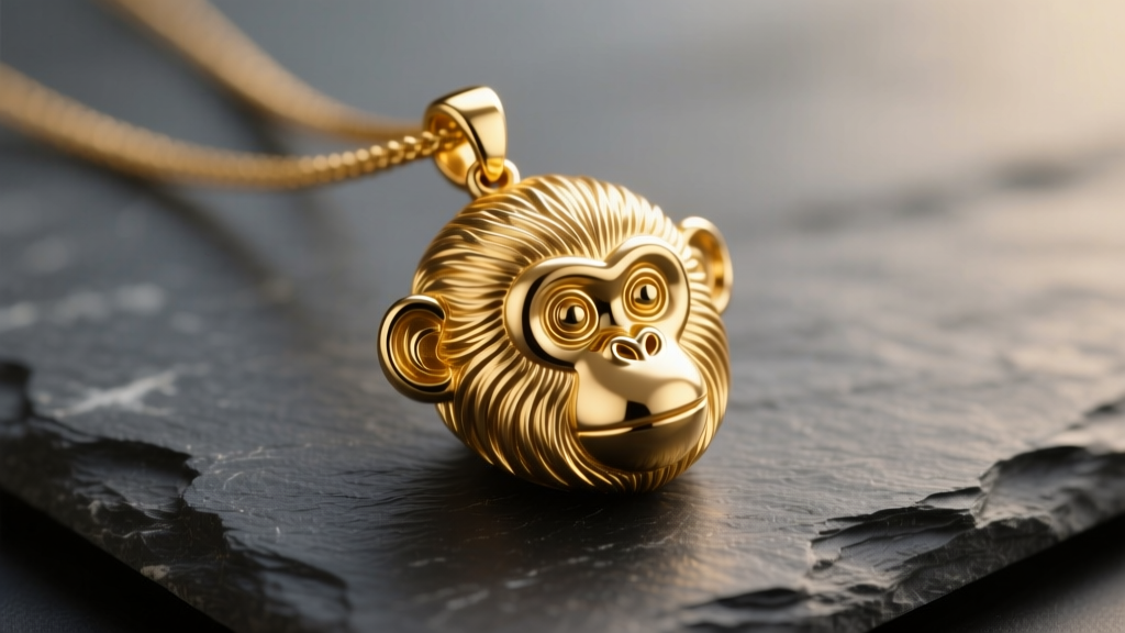 14k gold monkey pendant on dark slate, showing detailed fur texture and polished facial features under soft warm studio lighting.