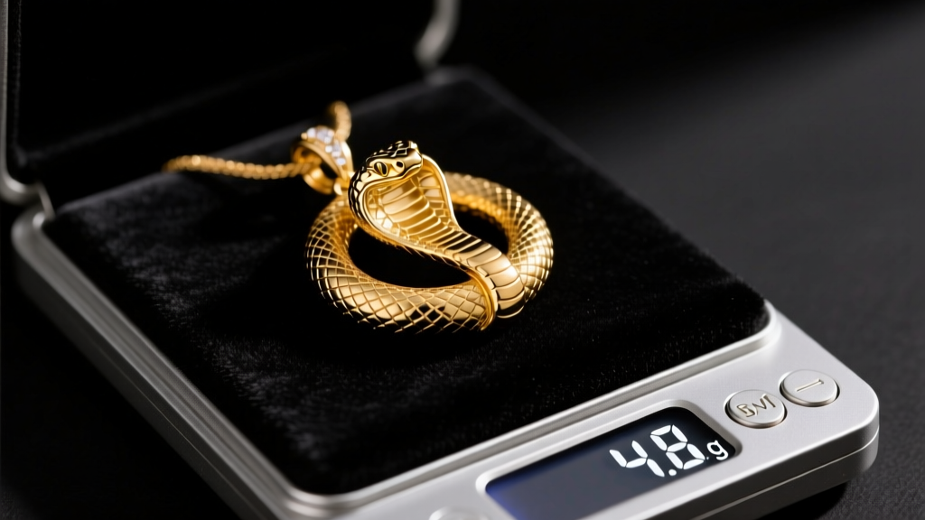 Digital jewelry scale displaying 4.8 grams, weighing an authentic Bvlgari Serpenti Viper 18k yellow gold pendant on black velvet