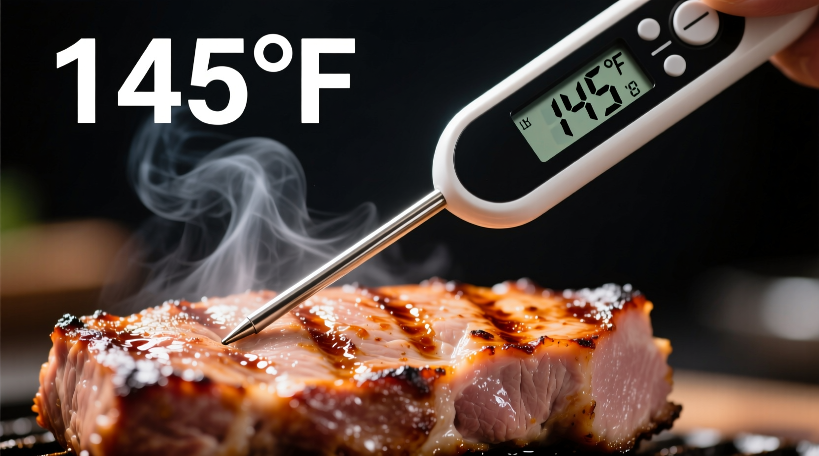 Digitales Fleischthermometer zeigt 145 Grad in Schweinelende