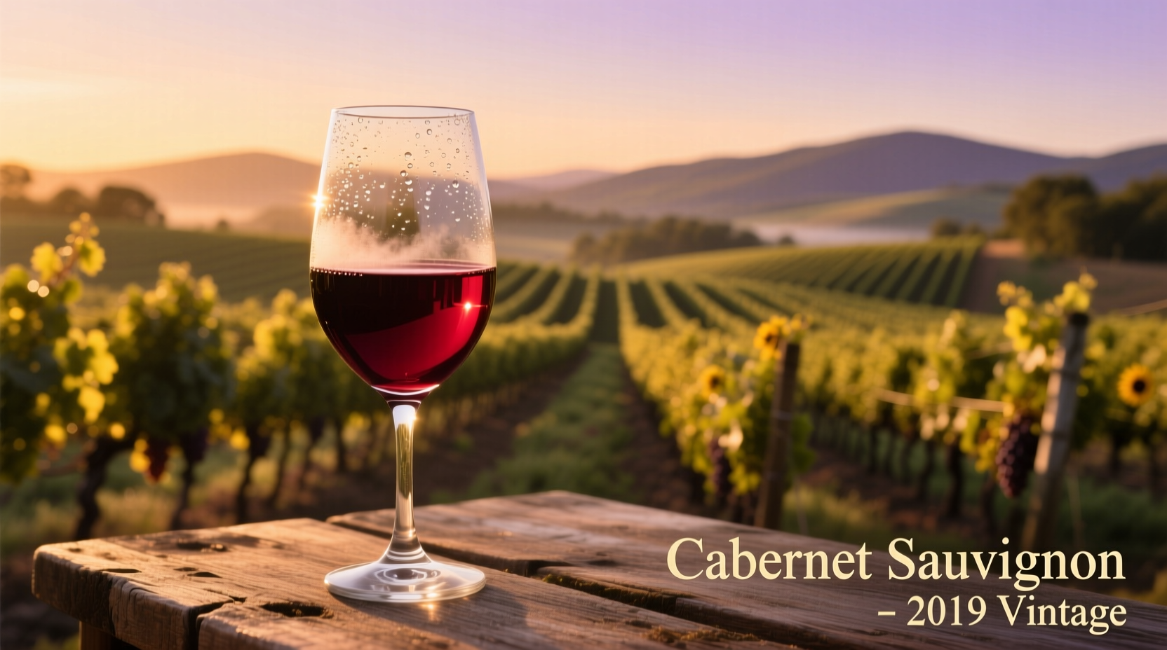Glass of deep red Cabernet Sauvignon against vineyard backdrop