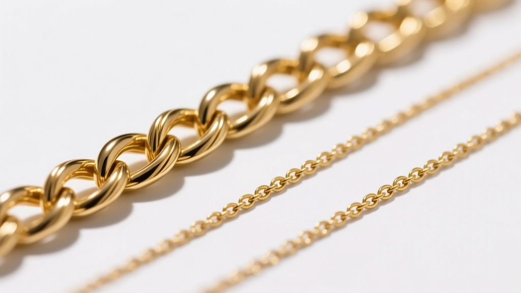 Macro shot comparing a 2.5mm solid gold rope chain structure next to a thin 1mm plated chain under bright, crisp studio lighting.