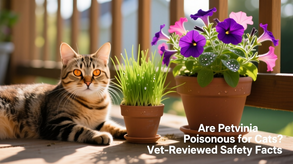 A relaxed tabby cat lying beside a small pot of cat grass next to a petunia planter, both thriving on a sunlit porch