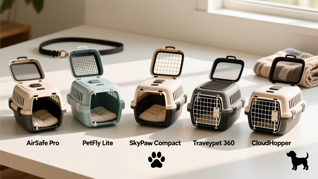 Side-by-side comparison of five small pet carriers laid out on a clean surface, labeled with brand names and key features