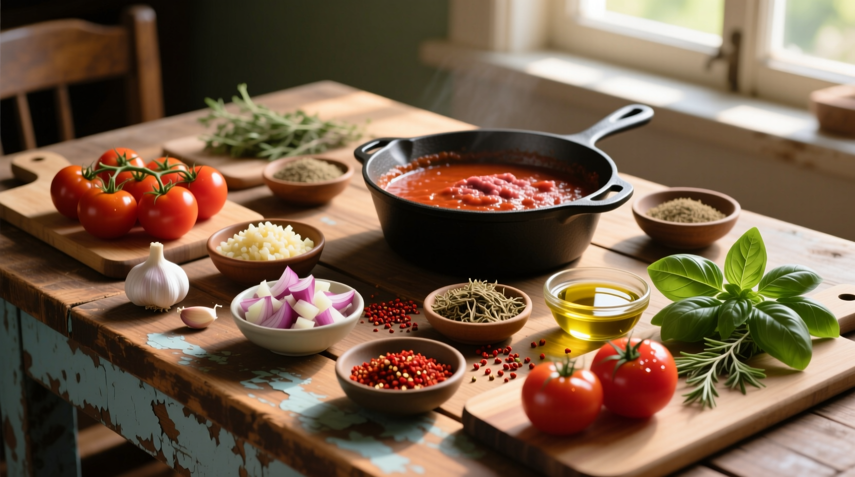 Homemade meat sauce ingredients laid out on wooden table