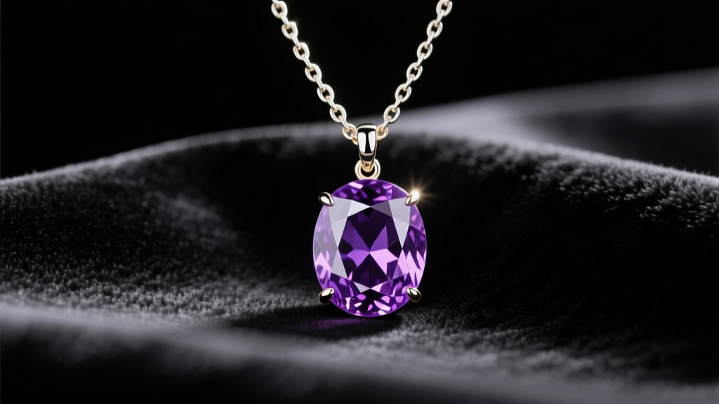 A 2-carat oval purple sapphire pendant on an 18-inch white gold chain resting on dark velvet under soft, warm studio lighting