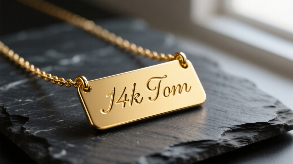 Macro shot of a 14k yellow gold nameplate necklace on dark slate, showing polished cursive lettering and a delicate cable chain.