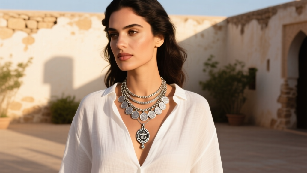 Woman wearing a layered Moroccan silver coin necklace and delicate Khamsa pendant over a white linen shirt in warm sunlight