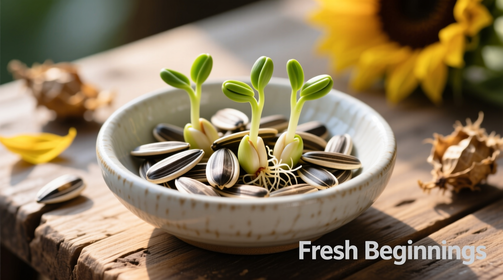 Sunflower seeds in a bowl with fresh sprouts