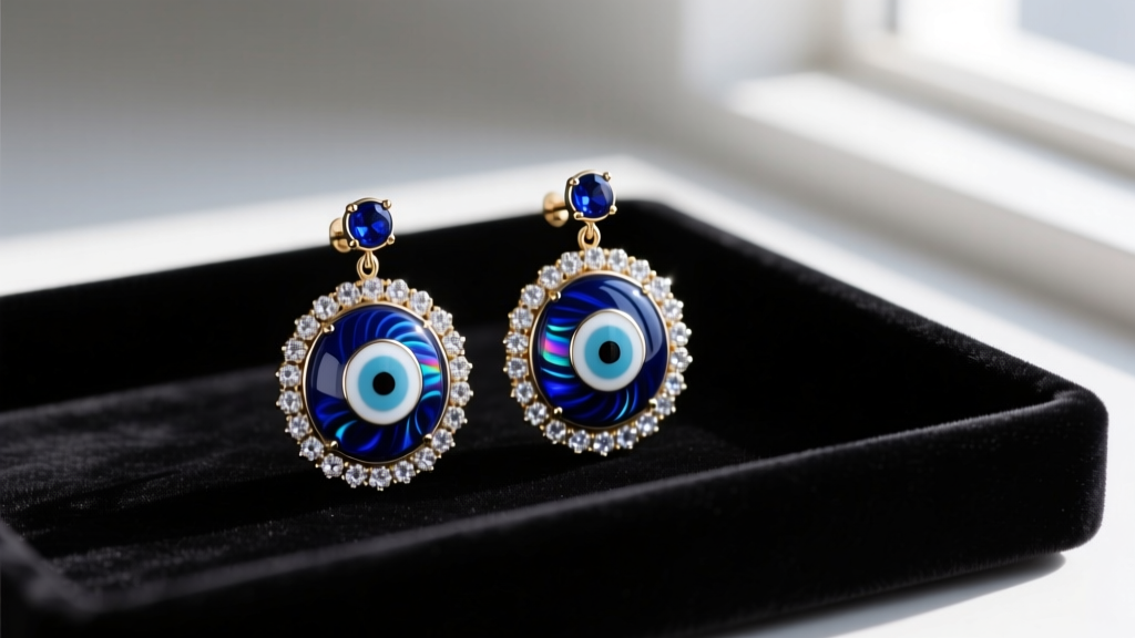Close-up of ornate Betsey Johnson evil eye drop earrings with blue enamel and pave rhinestones resting on a dark velvet tray.