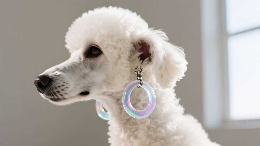 Poodle wearing flexible bioflex polymer clip-on hoop earrings, side profile highlighting the tension spring and lightweight design