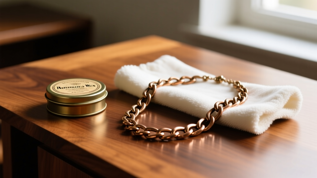 A tin of Renaissance wax and a soft microfiber cloth positioned next to a polished Italian bronze chain link necklace on oak wood desk.