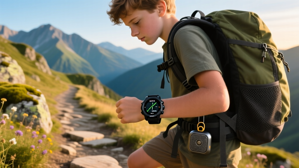 Teenager hiking on rocky mountain trail checking rugged Garmin Instinct solar smartwatch with waterproof speaker clipped to backpack straps