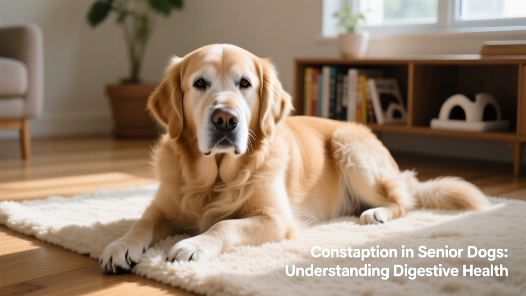 Senior dog resting calmly on a soft rug, illustrating age-related digestive changes