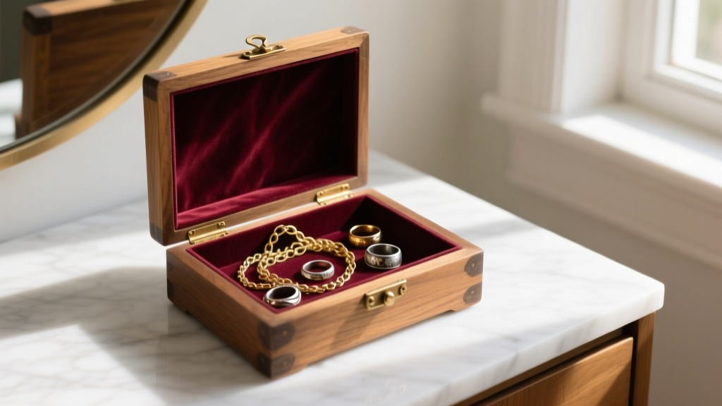 Open wooden granddaughter jewelry box on a bright vanity, displaying tangled gold chains and tarnished silver rings on worn velvet