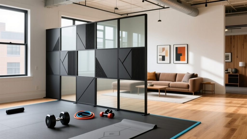 Freestanding charcoal acoustic gym divider separating a rubber-matted workout zone from a light oak hardwood living room in an open loft