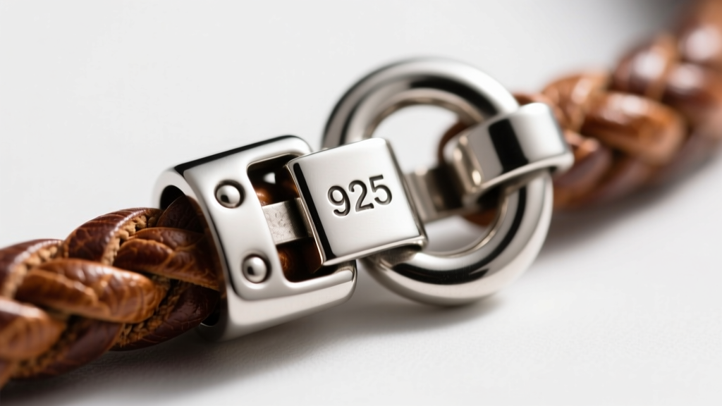 Macro shot of a 925 sterling silver lobster clasp on a braided leather cord, showing the hallmark stamp and secure weld points.