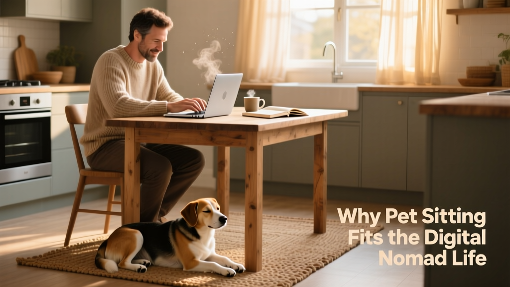 A person seated at a cozy kitchen table, typing on a laptop while gently petting a relaxed dog resting at their feet