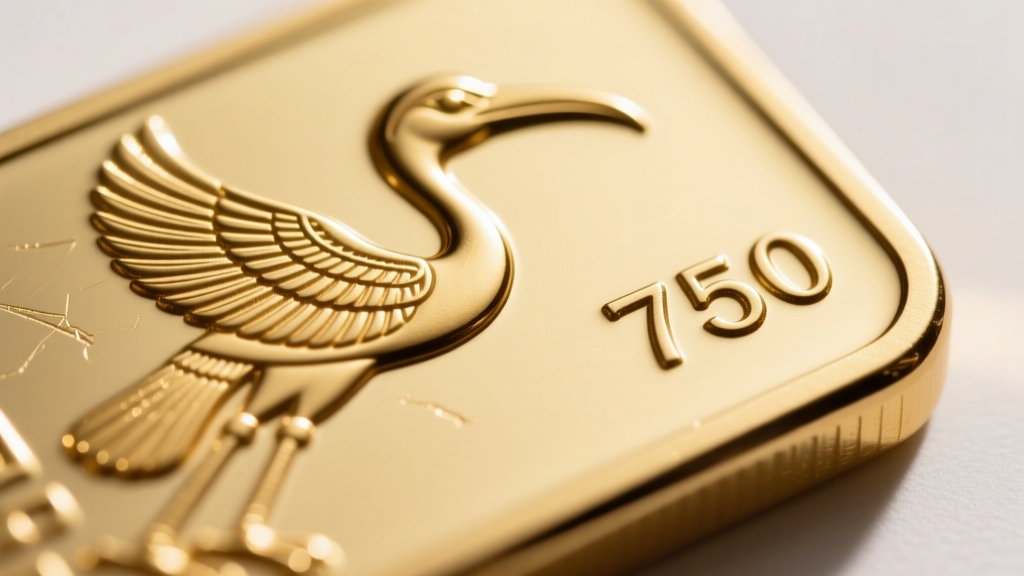 Loupe view of an 18k gold cartouche hallmark, showing the Egyptian ibis assay stamp and 750 purity mark under bright light.