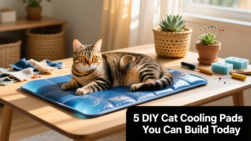 A tabby cat resting calmly on a blue gel-style cooling pad made from fabric and a chilled inner layer
