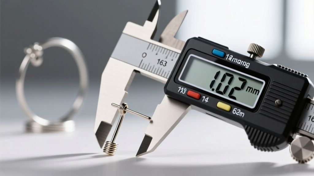 Close-up of an 18-gauge wire earring post next to a digital caliper, highlighting its thinness against a modern 14-gauge standard.