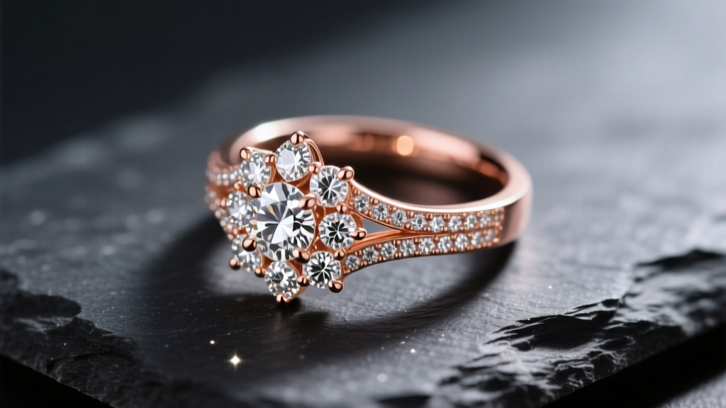Rose gold cluster ring with micro-pave melee diamonds on dark slate, highlighting intricate shared prong work under soft lighting.