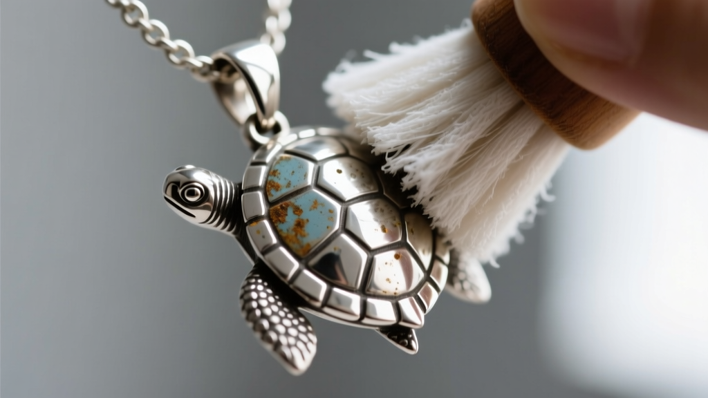 Macro shot of a microfiber polishing cloth gently buffing the oxidized edges of a silver turtle pendant bail to restore the shine.