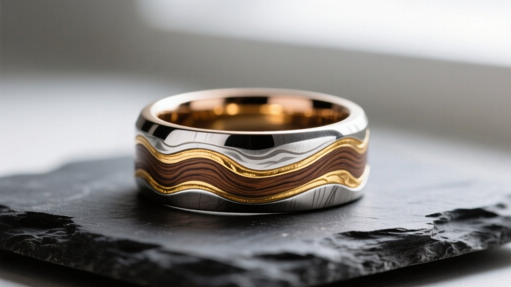 Close-up of a Mokume Gane ring featuring layered shibuichi and gold on slate, highlighting the intricate woodgrain metal texture.