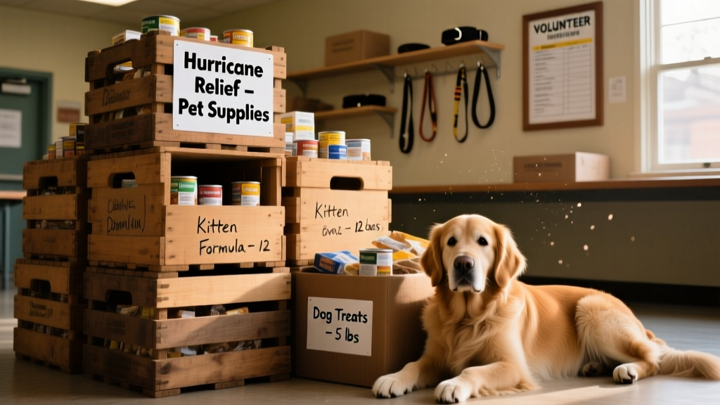 Stacked crates of donated pet food and supplies labeled for hurricane relief
