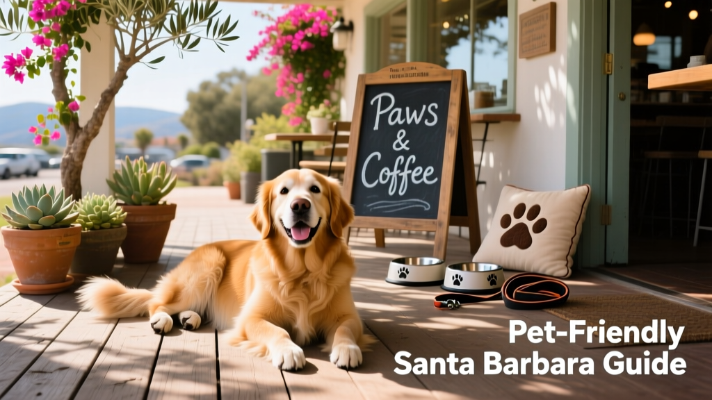 A happy dog relaxing on the shaded patio of a dog-friendly restaurant in Santa Barbara