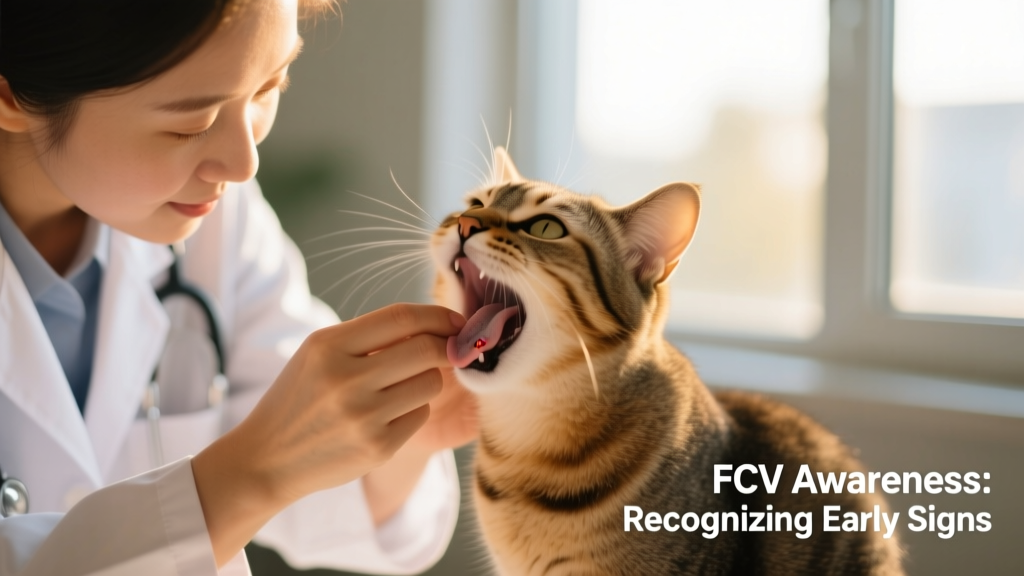 Veterinarian gently examining a cat’s mouth with a light, revealing small ulcers on the tongue