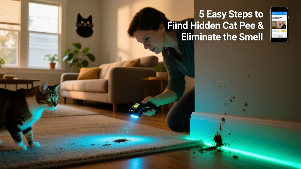Person using a blacklight in a dimly lit living room, scanning carpet and baseboard for glowing urine stains